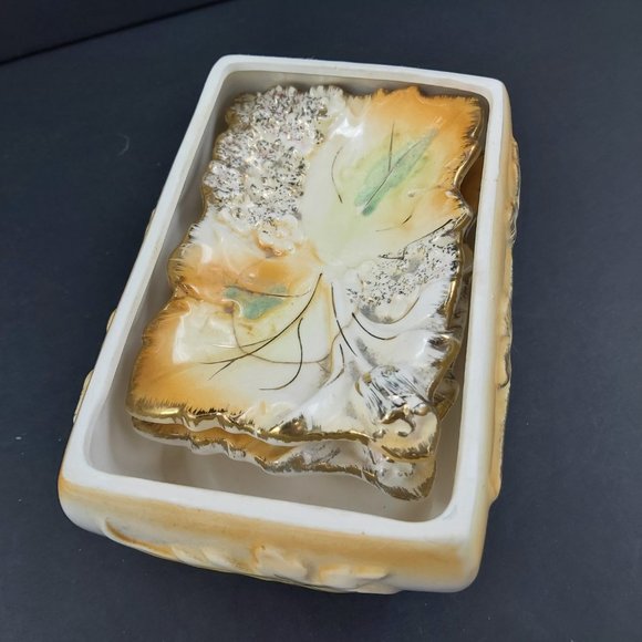 Porcelain Jewelry Trinket Box Gold Gilded with Matching Trays Bird Flower Leaves - Picture 15 of 16